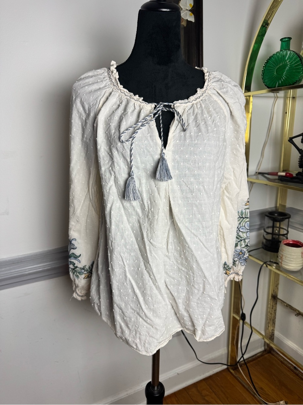 Max Studio Ivory Peasant Blouse with Blue-Green Sleeve Embroidery